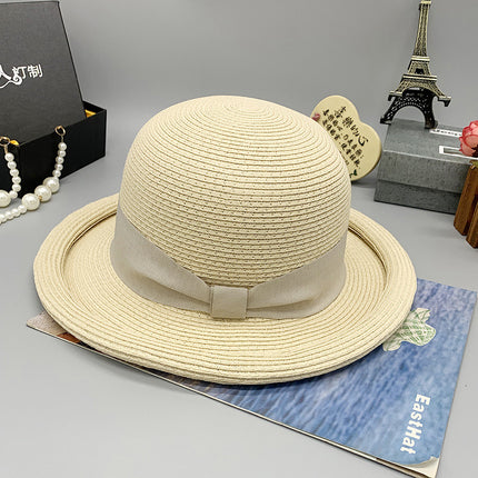Women's Summer Sun Protection Dome Curled Tricot Knitted Wide Brim Satin File Literary Straw Hat