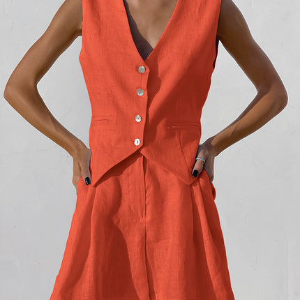 Women's Fashion Summer Cotton and Linen Simple Blazer Vest and Shorts Set