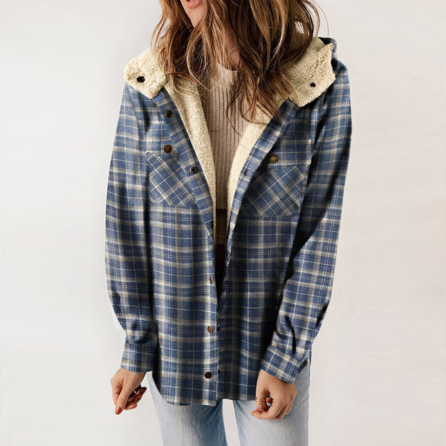 Wholesale Women's Winter Casual Check Hooded Thick Sherpa Jacket