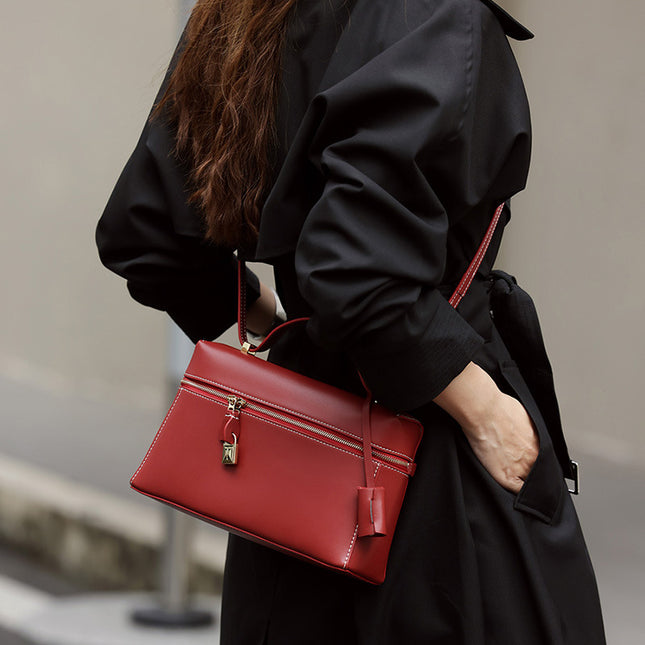 Women's Autumn and Winter Cowhide Box Bag, Shoulder Crossbody Bag, Elegant Handbag
