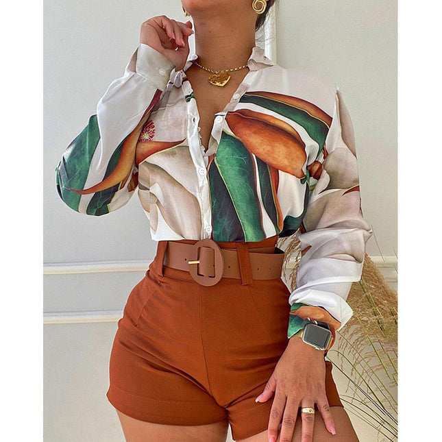 Wholesale Summer Print Stand Collar Long Sleeve Single Breasted Shirt Ladies Tops