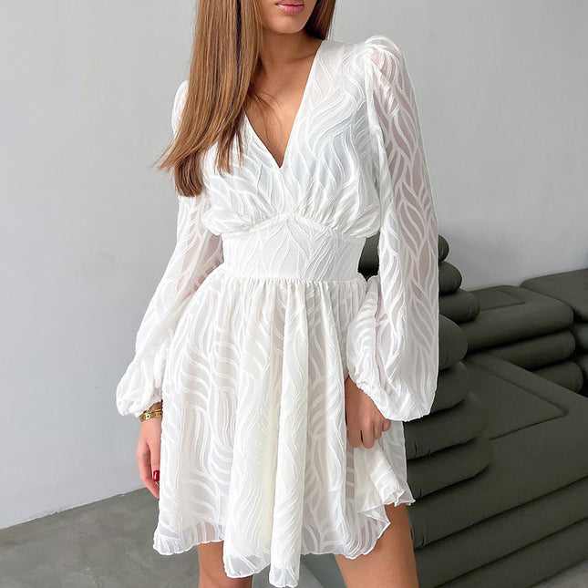 Wholesale Ladies Spring Summer Jacquard White Waist A-Line Long Sleeve Mini Dress