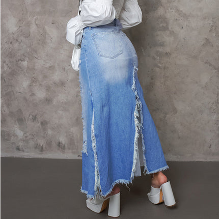 Wholesale Women's High-waisted Frayed Slit Ripped Denim Skirt