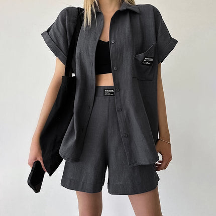 Wholesale Women's Summer Casual Temperament Short-sleeved Shirt Jacket High Waist Shorts Two Piece Set