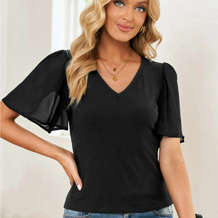 Women's Flying Sleeves V Neck Summer Ribbed Casual T-Shirt