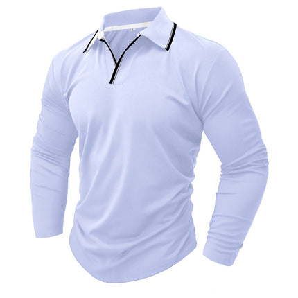 Men's Fall Winter Long-sleeved Lapel V-neck Solid Color POLO Shirt