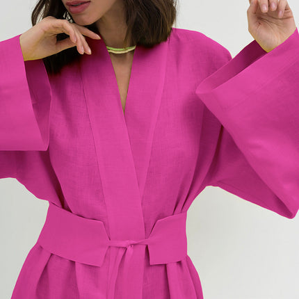 Wholesale Ladies Cotton Linen Long Sleeve Robe Dress Women's  Autumn Belt Maxi Dress