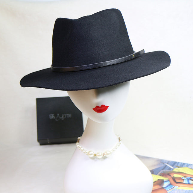 Classic Flat Brim Jazz Hat Cowboy Hat Men and Women Retro Wool Hat