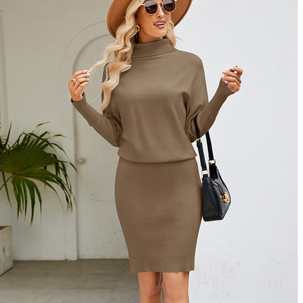 Wholesale Women's Solid Color Hip-hugging Turtleneck Sweater Dresses