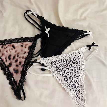 Leopard Print Sexy Lace Hollow Binding Women's Seamless Ice Silk T-panties
