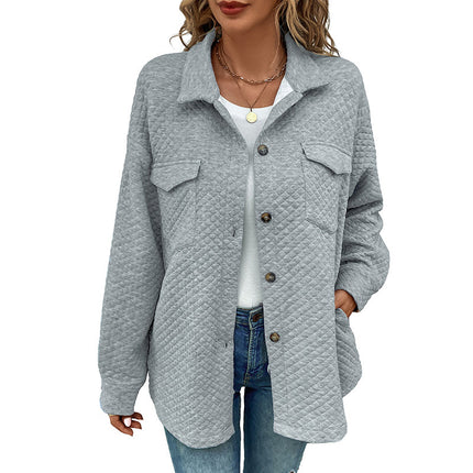 Wholesale Women's Autumn Loose Solid Color Lapel Jacket Checkered Long Sleeve Jacket