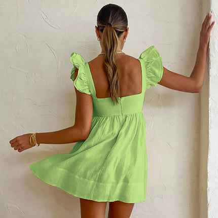 Wholesale Ladies Green Square Neck Waist Mini Dress Summer Fly Sleeve Short Dress