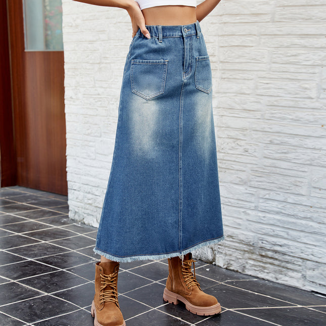 Wholesale Women's Spring and Summer Washed Raw Edge Denim Midi Skirt