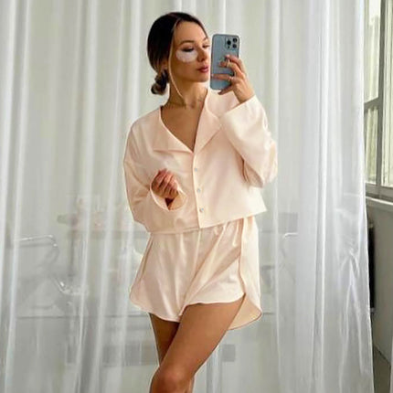 Wholesale Women's Summer Loose and Comfortable Ice Silk Long-sleeved Cardigan High Waist Shorts Two-piece Set