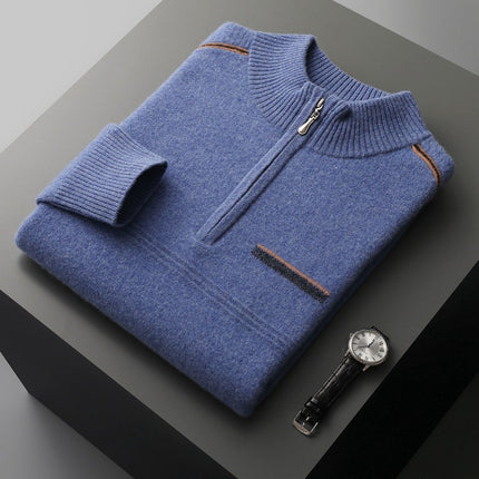 Men's Thickened Half Turtle Collar Zipper Pullover Casual 100%Wool Sweater