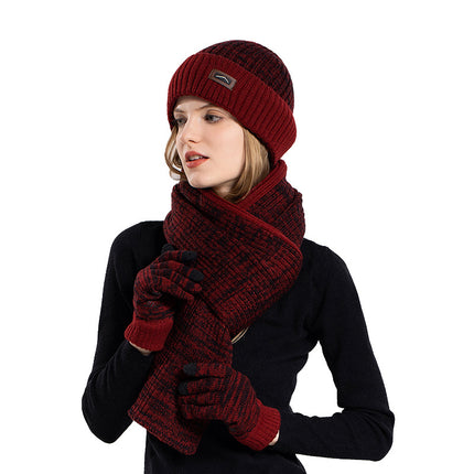 Winter Outdoor Velvet Warm Ear Protection Knitted Hat, Gloves and Scarf Three-piece Set