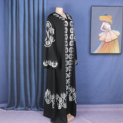 Wholesale African  V-neck Front and Back Rhinestone Bell Sleeves Dress Robe