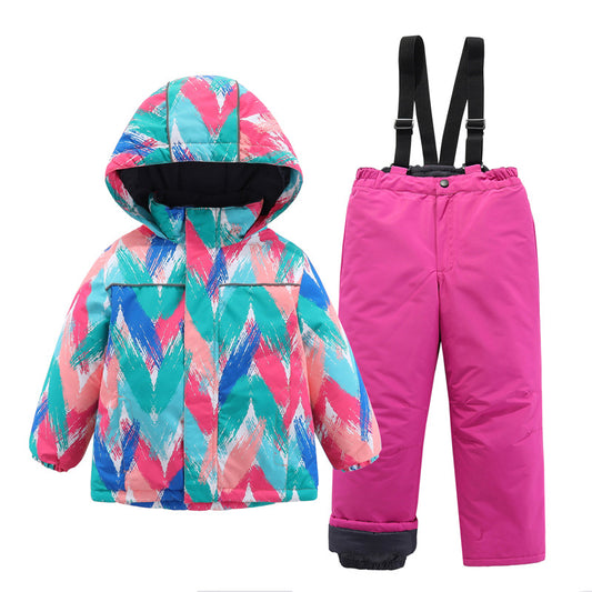 Wholesale Girls Winter Thickened Warm Woven Printed Jacket Ski Suit