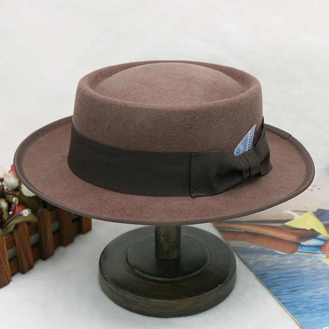 Men's and Women's Fall Winter Hats Pure Wool Ring Top Double-layer Bow Jazz Hat 