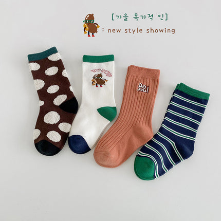 Wholesale 4 Pairs Kids Socks Fall Letter Striped Cotton Mid-calf Socks