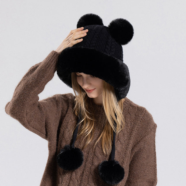 Women's Winter Fur Ball Hat Plush Warm Ear Protection Knitted Hood