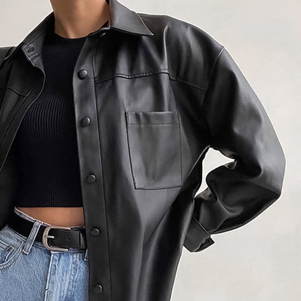 Women's Fashionable Casual Black Leather Jacket Matte PU Leather Shirt