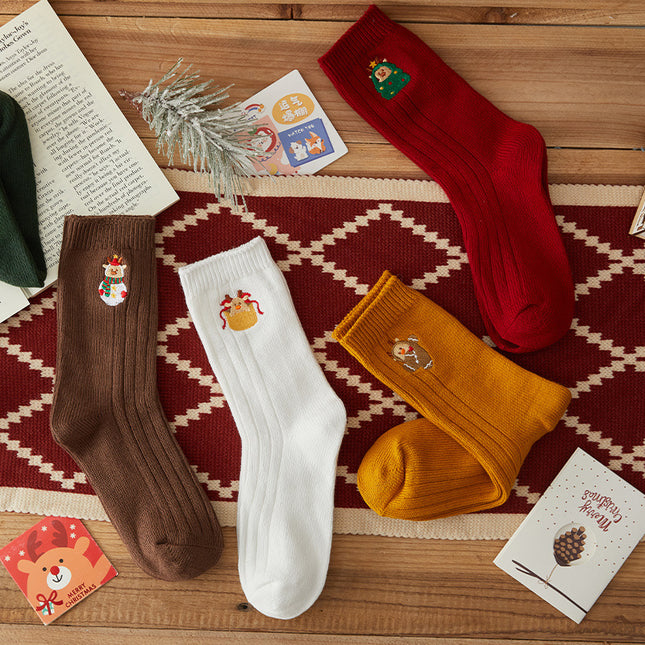 Wholesale Women's Winter Embroidered Christmas Gift Socks Mid-calf Socks