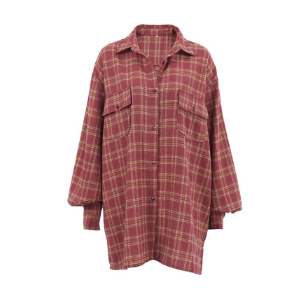 Wholesale Women's Autumn Casual Loose Red Plaid Long Sleeve Shirt