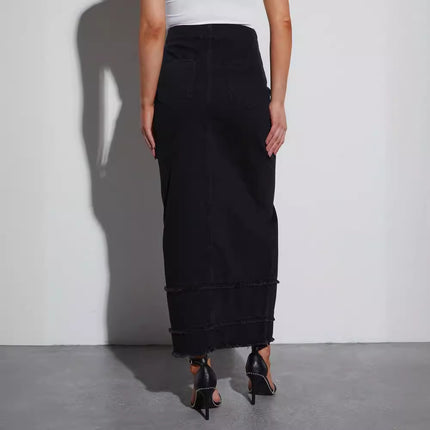 Wholesale Women's High Waist Washed Denim Slit Black Skirt Multi-button Skirt