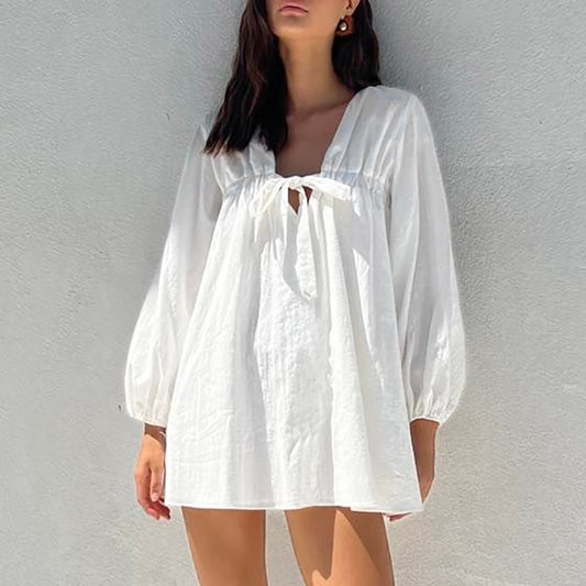 Wholesale Ladies Summer White Dress Simple V Neck Cotton Loose Casual Mini Dress