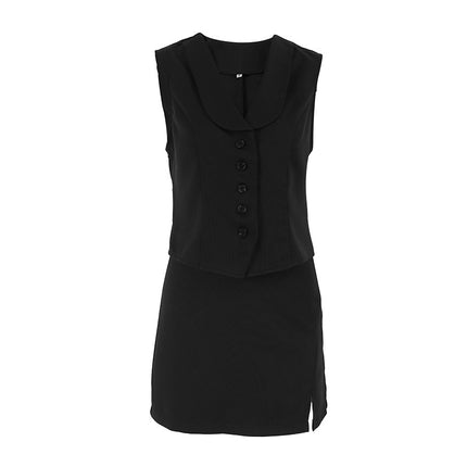 Wholesale Women's Cotton Linen Vest Short Skirt Vest Black Blazer Two Piece Set