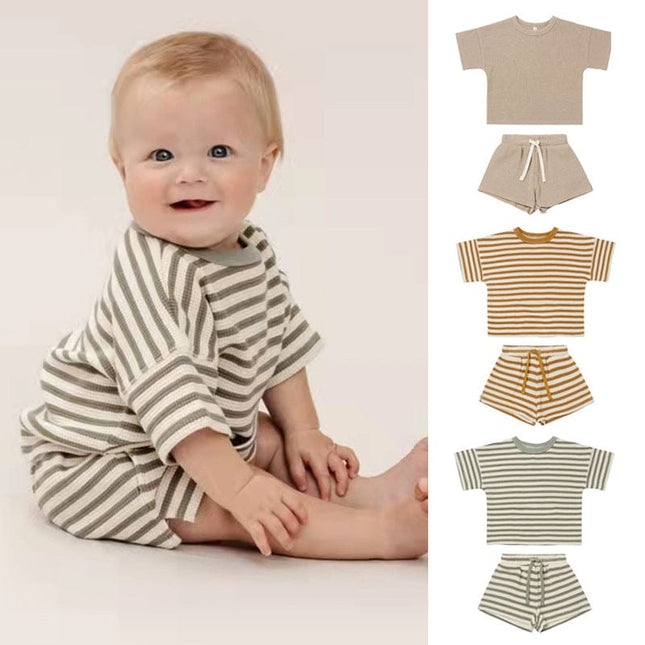 Wholesale Infant Baby Summer Waffle Striped Short Sleeve Shorts Set
