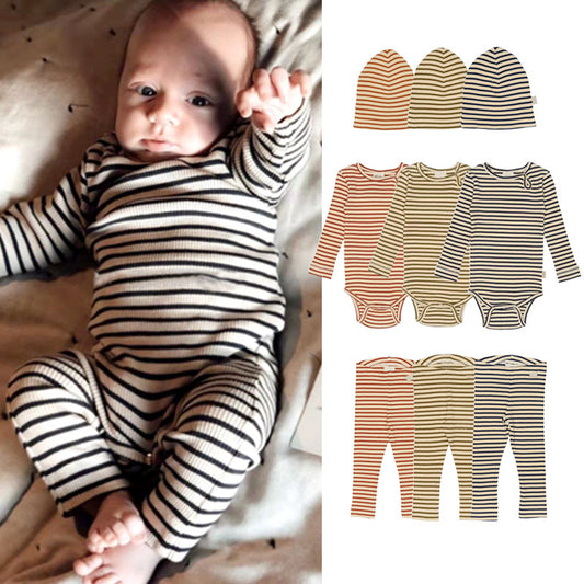 Newborn Baby Spring Cotton Stripe Long Sleeve Romper Two-Piece Set