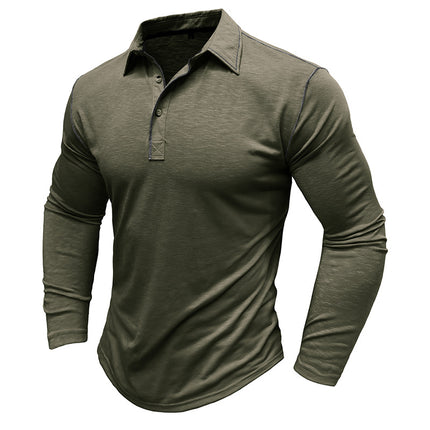Men's Fall Winter Long-sleeved Polo Shirt Henley Lapel T-shirt