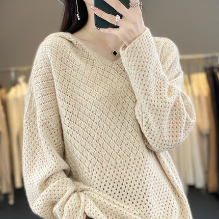 Wholesale Women's Autumn Hollow Wool Knitted Loose Hooded Sweater