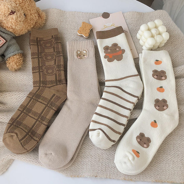Wholesale Women's Winter Thickened Warm Mid-calf Terry Cotton Cartoon Bear Socks