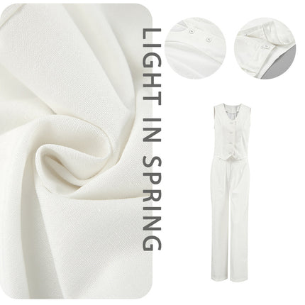 Wholesale Women's Summer Temperament Cotton Linen White Blazer Vest Pants Two Piece Set