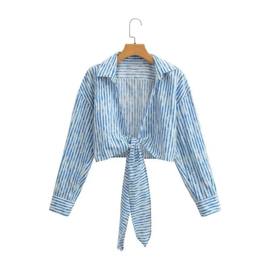 Wholesale Women's Summer Fashion Striped Linen Knotted Shirt
