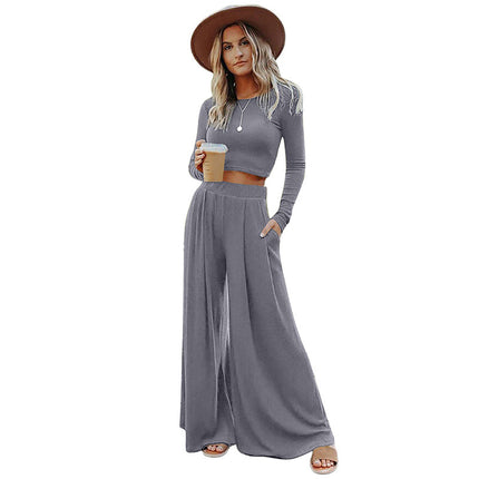 Wholesale Women's Autumn Solid Color Casual Thread Slim Fit Top Pants Two Piece Set