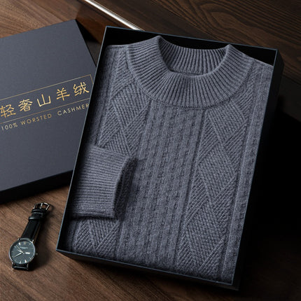Men's Winter Solid Color Half Turtleneck Thick Jacquard Cashmere Sweater
