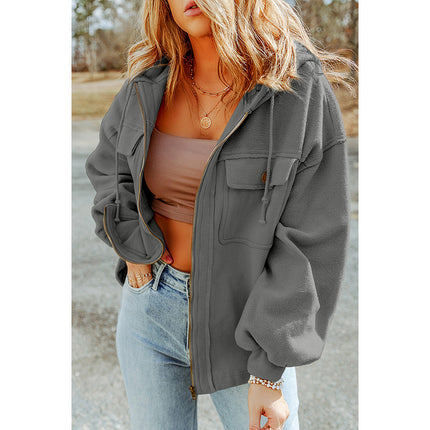 Wholesale Women's Autumn Casual Loose Pocket Drawstring Long Sleeve Zipper Jacket