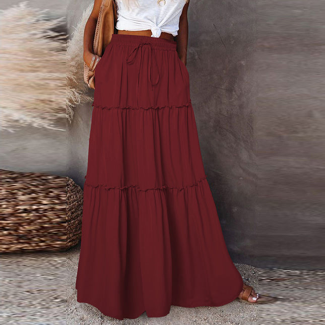 Wholesale Ladies Autumn Winter Solid Color Lace Casual Long Skirt