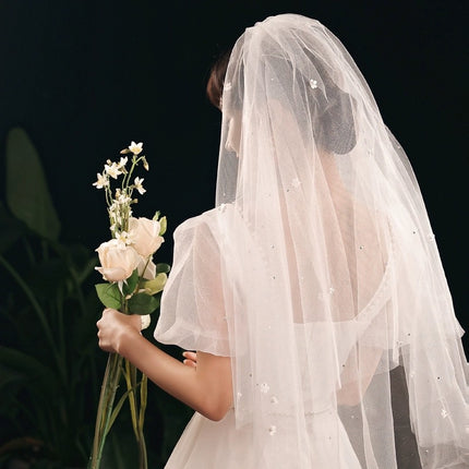 Wedding Double Layer Spray Gold Gauze Flower Pearl Bridal Veil