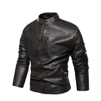 Wholesale Men's Fashionable Washed Zipper PU Leather Jacket