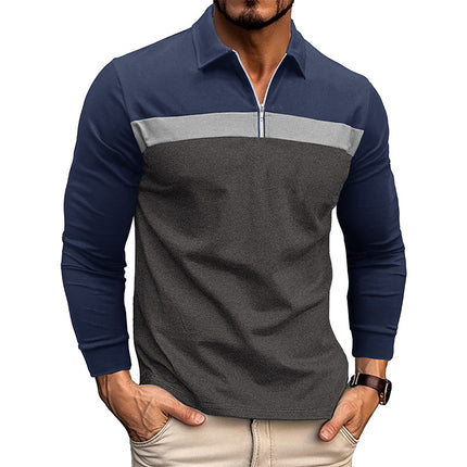 Men's Fall Winter Long Sleeve T-Shirt Lapel Color Block POLO Shirt