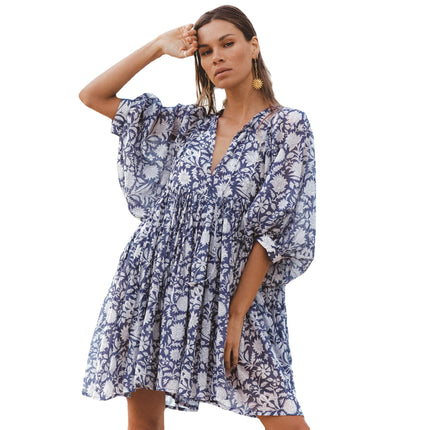Wholesale Women's Fashion Floral Rope Loose Casual Vacation Cotton Mini Dress