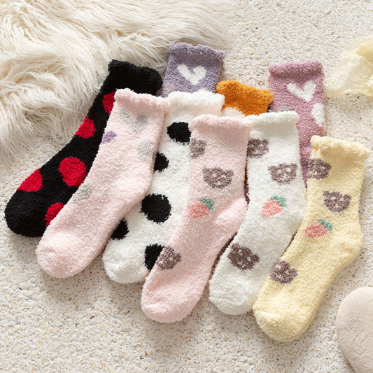 Women's Mid-calf Socks with Cute Cartoon Velvet and Thickened Winter Warm Coral Velvet Socks