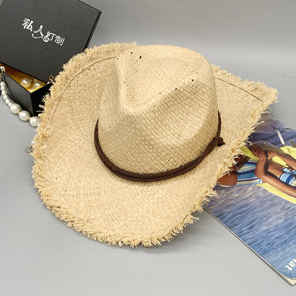 Raw Edge Wide Brim Cowboy Hat Raffia Straw Cuffed Hat Seaside Sun Protection Solid Color Straw Hat
