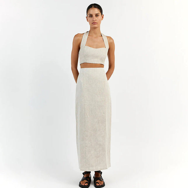 Wholesale Ladies Summer Cotton Linen Halter Vest Long Skirt Two Piece Set