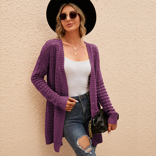 Wholesale Women's Solid Color Hollow Cardigan Mid-Length Loose Sweater Jacket